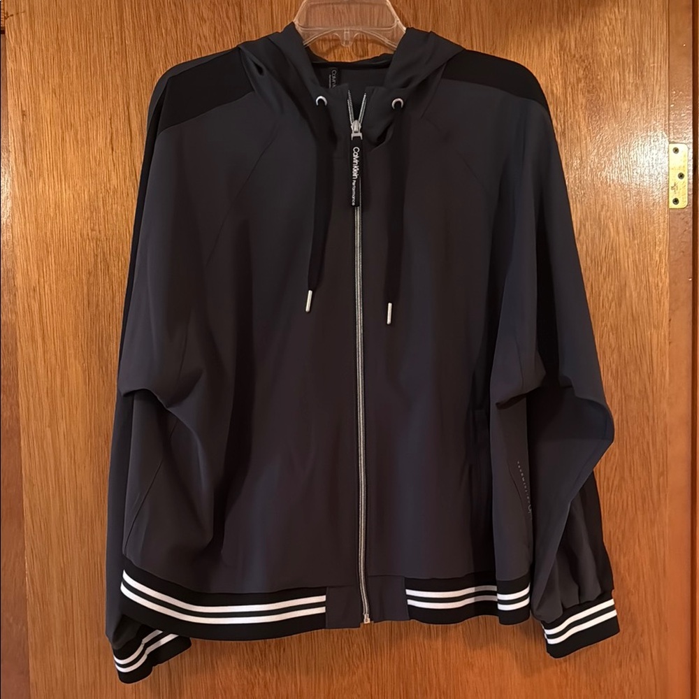 Black Hooded Jacket with Striped Hem